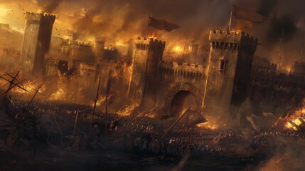 Wall Mural - Siege of Stronghold. Catapults and Siege Towers Engaged in Desperate Assault Castle