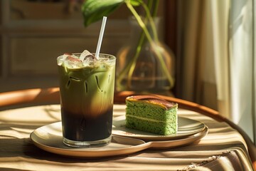 A black ice coffee and green tea cake, in a glass with a white straw, on a beige plate with a brown tablecloth, set in a modern Korean restaurant