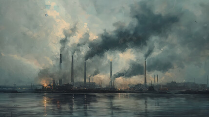 Wall Mural - A painting of a city with smoke coming out of the factories