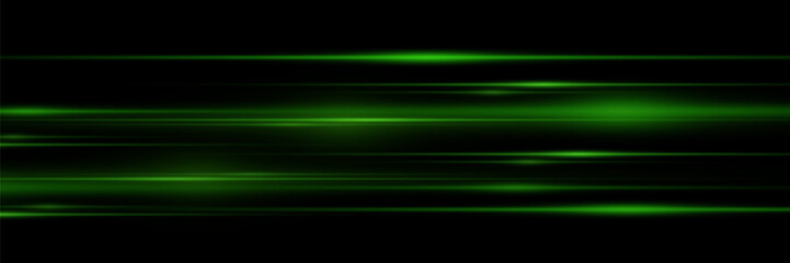 Green line of speed and light. Horizontal flash, glowing effect.