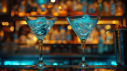Wall Mural - Two martinis in martini glasses on a bar counter