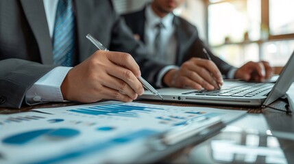 Accountant using calculator with coins and financial report. Finance background