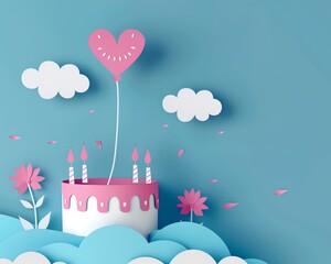 Delicate papercut design featuring a birthday cake with candles, intricate details on a soft color background