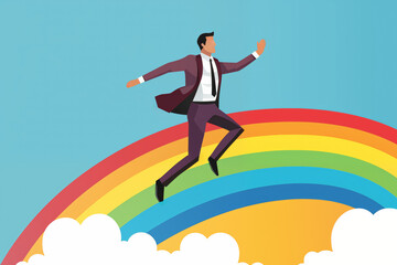 Business graphic vector modern style illustration of a business person on a rainbow indicating success joy over the moon happy promotion pitch win windfall investment