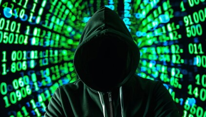 A hooded hacker silhouette on top of computer code, with the screen showing binary numbers in the background Generative AI