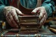 Art of miniature bookbinding, hands crafting a tiny, detailed leather-bound book