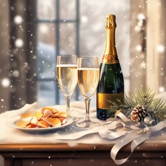 Wall Mural - glasses of champagne on christmas table.