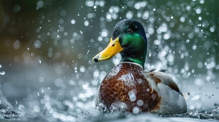 Sticker - Male mallard duck bathing and splashing in the river