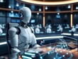 A robot is sitting at a desk in a room with other robots. The robot is wearing a white suit and has a serious expression on its face. The room is filled with other robots