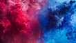 Angular bursts of ruby red and cobalt blue collide, creating a smoky paint backdrop filled with abstract intensity.