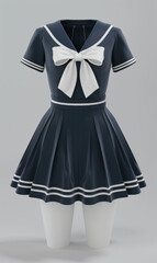 Female sailor costume uniform 3d designed, front view, ad mockup isolated on a white and gray background.