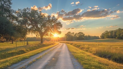 Poster - A road with a tree in the middle of it and the sun shining on it. The sun is setting and the sky is blue