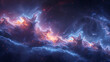 Illustrate a panoramic view of a cosmic nebula, using a blend of photographic realism and artistic interpretation.