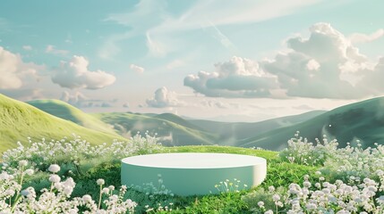 Poster - An empty podium in green grass with clouds and sky background. Mountains, white flowers, green hills, volumetric fog.