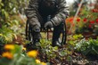 A person with a disability gardening, nurturing plants with adaptive tools, tranquility in nature