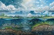 Depiction of the water cycle, with clouds, rain, and groundwater movement