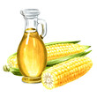 Glass bottle with corn oil. Hand drawn watercolor illustration, isolated on white background