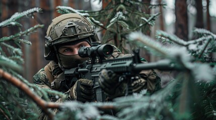 Wall Mural - Soldier with a gun equipped with an optical sight concealed among spruce branches in a forest area