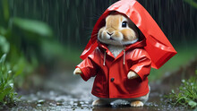 A Small Rabbit Wearing A Red Raincoat