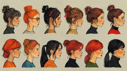 Wall Mural - Illustrations of female cartoon characters with varied hairstyles. Hand drawn style modern illustrations.