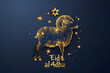 Festive background of the Islamic holiday Eid al-Ajah with an image of a golden ram with stars and space for text