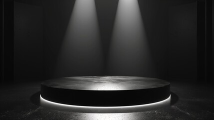 Poster - Abstract black and white background with spotlight on empty stage for product display presentation. Generated by artificial intelligence.