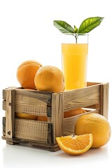 Sticker - A glass of orange juice next to a crate of oranges. Great for food and beverage concepts