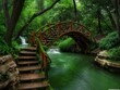 A bridge over a river with a waterfall in the background. The bridge is made of wood and has steps leading up to it. The water is green and the bridge is surrounded by trees. The scene is peaceful