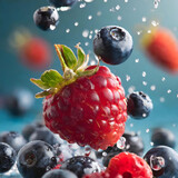 Fototapeta Sawanna - blueberries and raspberries are falling with drops of water