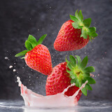 Fototapeta Sawanna - Strawberries that are falling into a cup of milk