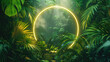 © eireenz - Neon glowing round circle frame on the background with tropical leaves and flowers