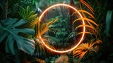 Fototapeta Młodzieżowe - Neon glowing round circle frame on the background with tropical leaves and flowers