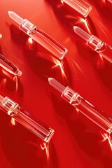 Sticker - A bunch of clear toothbrushes on a red table. Ideal for dental care concept