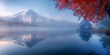  mountain with a cloudy sky and a reflection Fuji mountain with red maple leaf and lake in autumn 