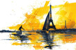 Yellow watercolor paint of sailor athlete on boat race by eiffel tower