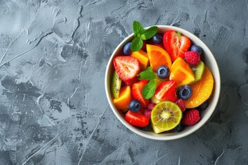Wall Mural - Fresh mixed fruit in a bowl on a wooden table, suitable for healthy eating concept