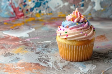 Poster - A delicious cupcake covered in colorful sprinkles, perfect for bakery or celebration concept