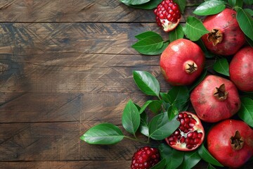 Canvas Print - Fresh pomegranates displayed on a rustic wooden table. Ideal for food and healthy lifestyle concepts