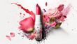 Lipstick splash flowers cosmetics isolate on white background. Generative AI,