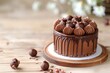 Delicious chocolate cake on a rustic wooden table, perfect for bakery or dessert concept