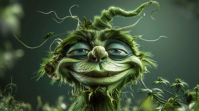 3D illustration of green marijuana high goblin elf, CBD, THC, alternative medicine, relaxation, weed consumption
