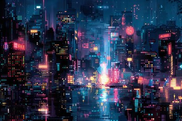 Wall Mural - Pixelated cityscape at night, urban lights as digital blocks, cyberpunk vibe