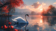 Amidst a crowd, a white swan gracefully adorns the lake, enhancing the beautiful view