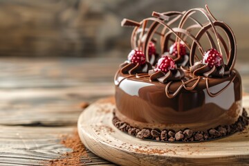 Canvas Print - Delicious chocolate cake topped with fresh raspberries. Perfect for bakery or dessert concept