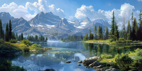 Wall Mural - A serene mountain meadow with tranquil waters and majestic mountains in the background.