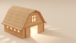 Wooden toy village barn on plain background with copy space. Wooden miniature with warm lighting and cozy vibes. 3d rendering
