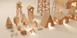 Wooden toy building collection on plain background. Wooden village miniature with warm lighting and cozy vibes. 3d rendering