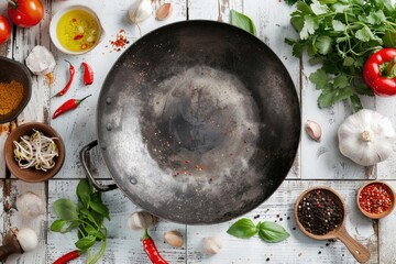 Wall Mural - A simple frying pan on a wooden table. Suitable for cooking or kitchen concepts