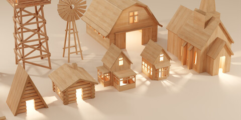 Wooden toy building collection on plain background. Wooden village miniature with warm lighting and cozy vibes. 3d rendering