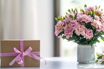 Sticker - Beautiful pink flowers and a wrapped gift on a table, perfect for special occasions